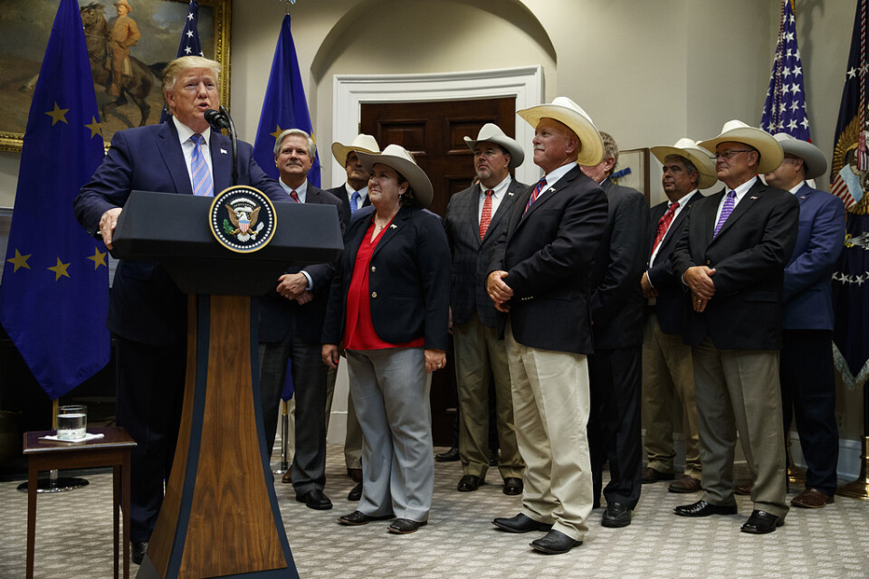 President Donald Trump presenterar uppgörelsen med EU inför representanter för den amerikanska köttindustrin i Vita huset.