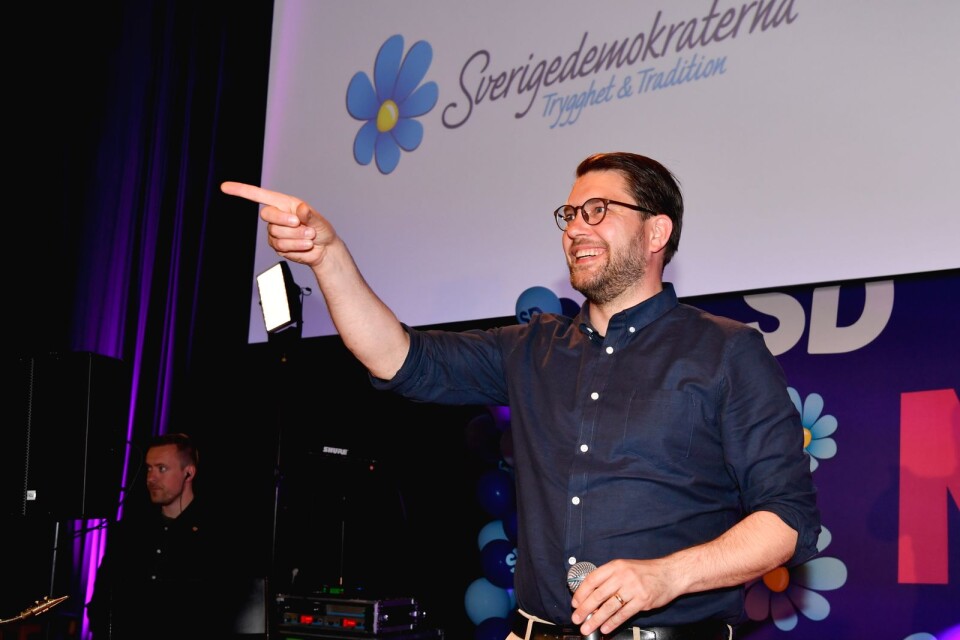 Sverigedemokraternas partiledare Jimmie Åkesson (SD) talar under Sverigedemokraternas valvaka. SD gick starkt framåt.
