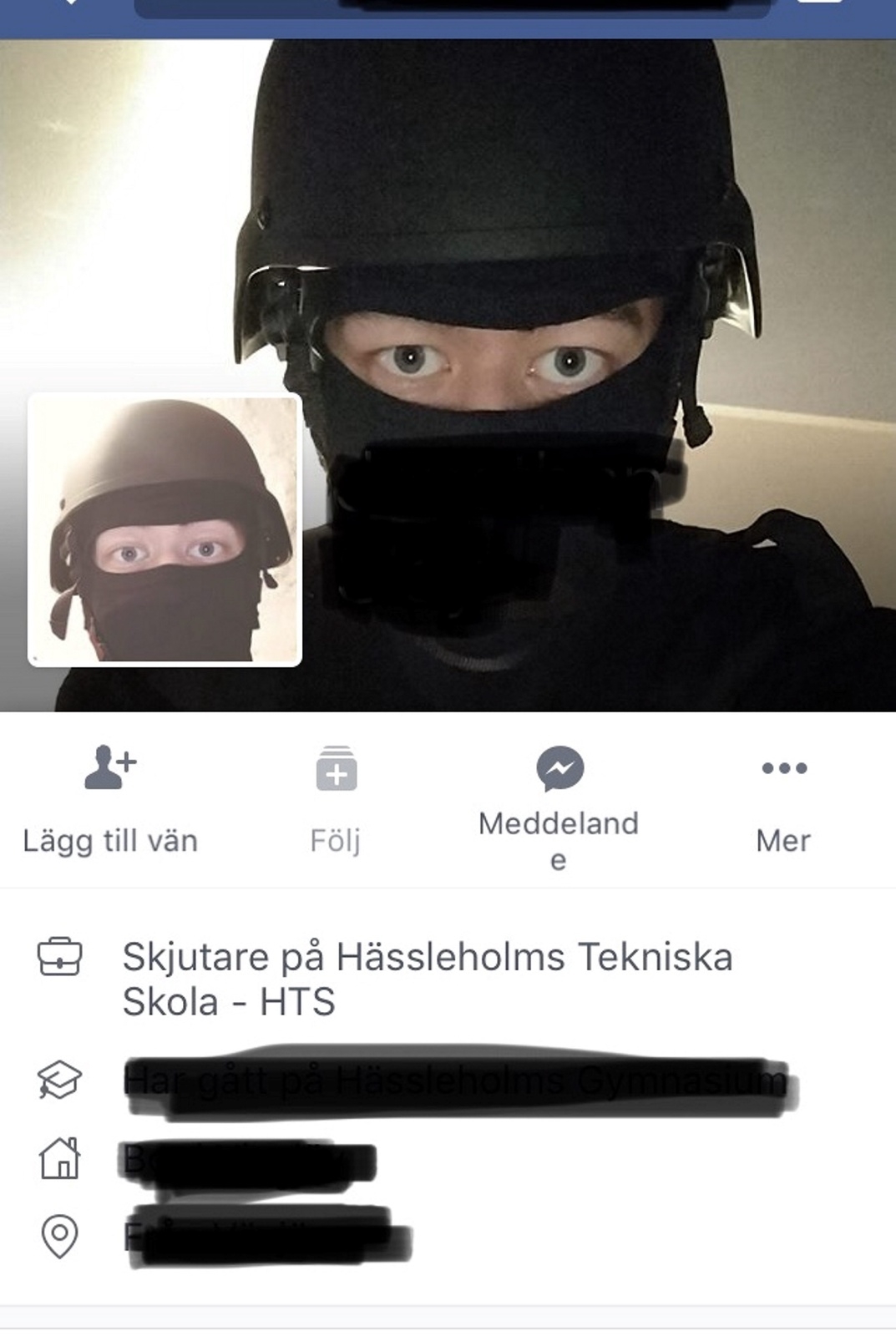 Den misstänkte gärningsmannen hade en facebookprofil där han kallade sig "Skjutare på Hässleholms Tekniska Skola - HTS". Bild: Skärmdump Facebook