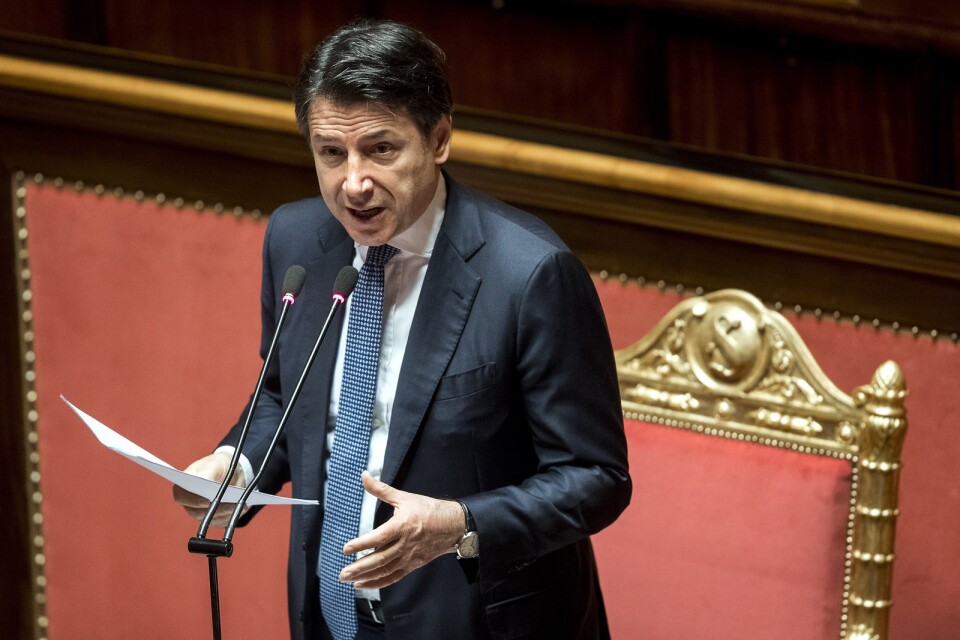 Italiens premiärminister Giuseppe Conte vid ett framträdande i senaten i torsdags.