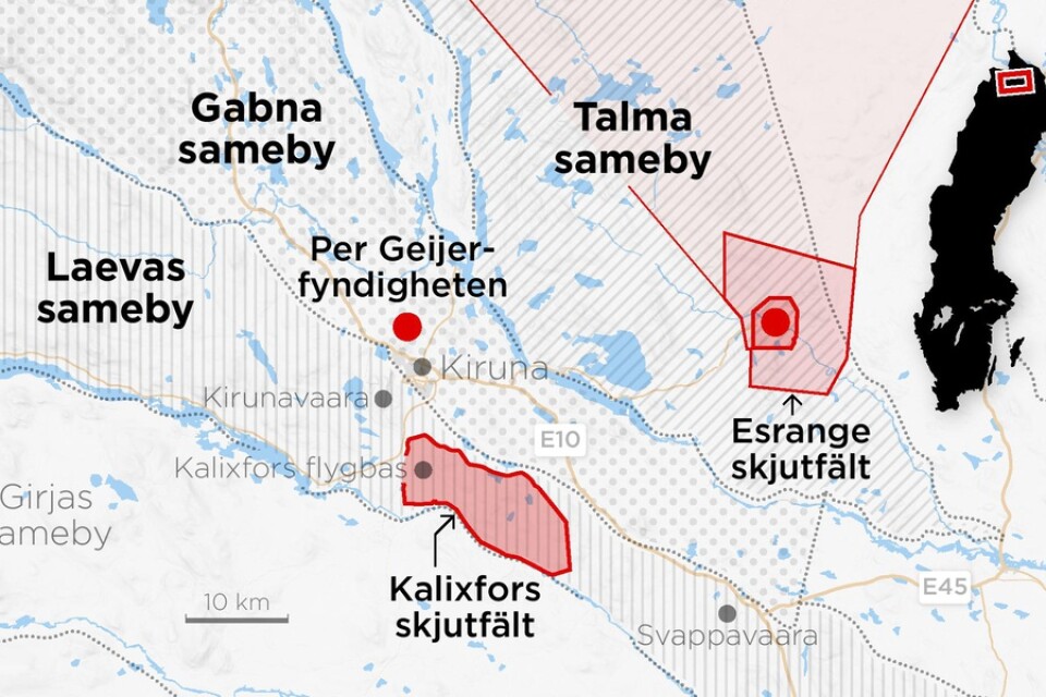 Kartan visar samebyarna som omger Kiruna samt några av de exploateringsprojekt som Sipri anser vara potentiella konflikthärdar.