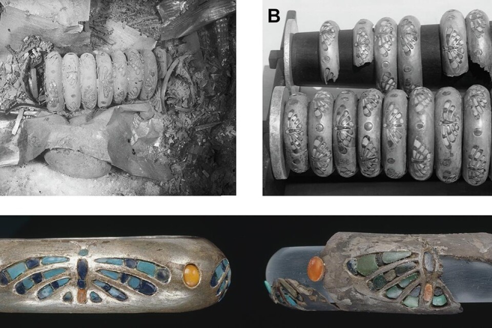 Bild A visar smyckena som hittades av arkeologer 1925. Bild B visar dem i upputsat skick och bild C visar ett av armbanden (varianten till vänster är en återskapad reproduktion av originalet till höger).