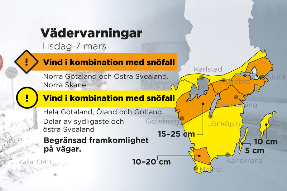SMHI har utfärdat orangea varningar för vind i kombination med snöfall i delar av södra Sverige.