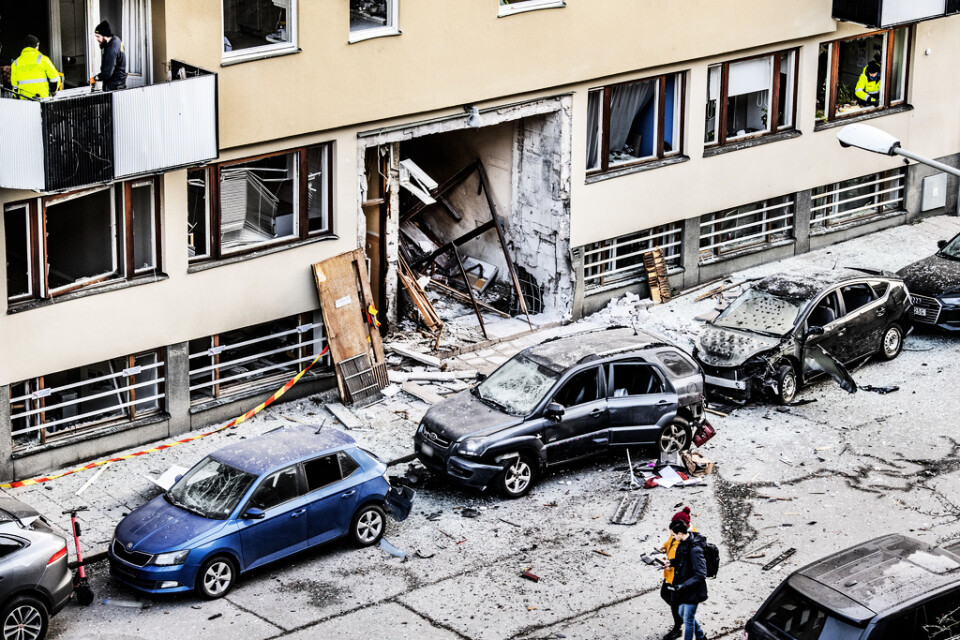 Stor förödelse efter en sprängning vid ett flerfamiljshus på Gyllenstiernsgatan i Stockholm i januari 2020. Arkivbild.
