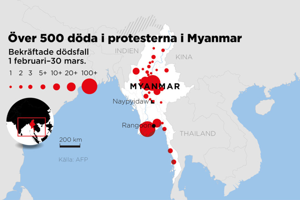 Bekräftade dödsfall i våldet i Myanmar.