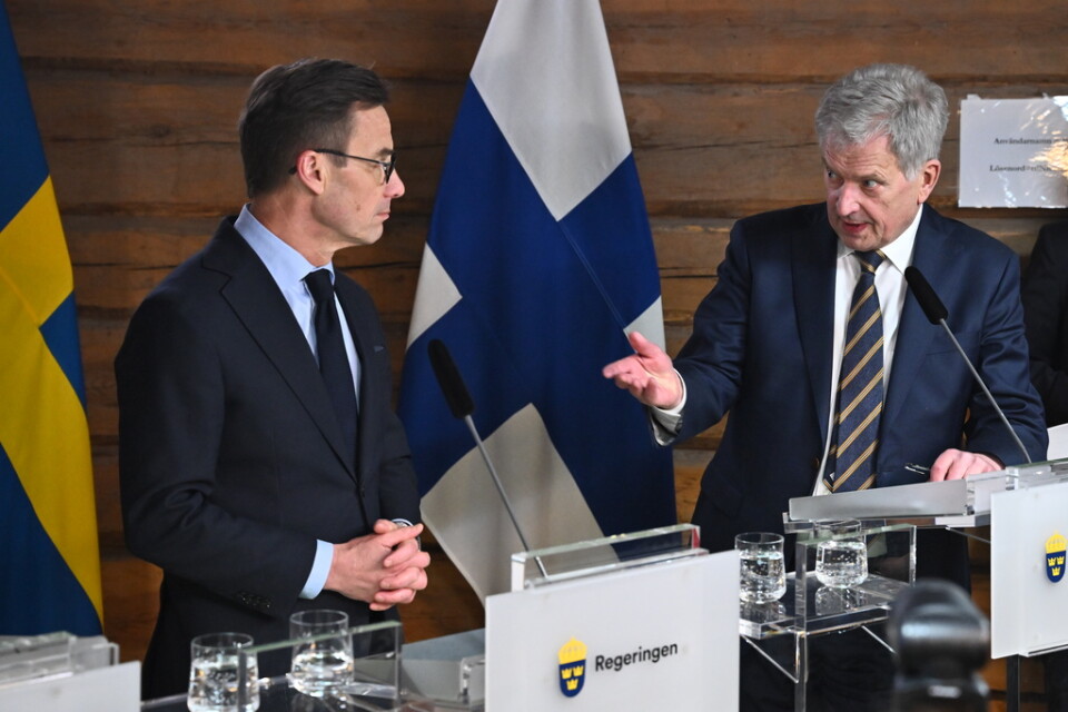 Sveriges statsminister Ulf Kristersson och Finlands president Sauli Niinistö under ett möte på Harpsund. Arkivbild.