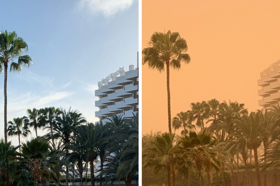 Jenny Nilsson från Ystad har tagit båda bilderna från hotellbalkongen. ”Man kan tro att jag har använt ett filter på den högra bilden, men det har jag inte”, förklarar hon.