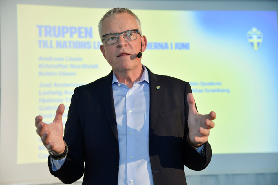 Janne Andersson på presskonferensen där han presenterade truppen till Nations League.