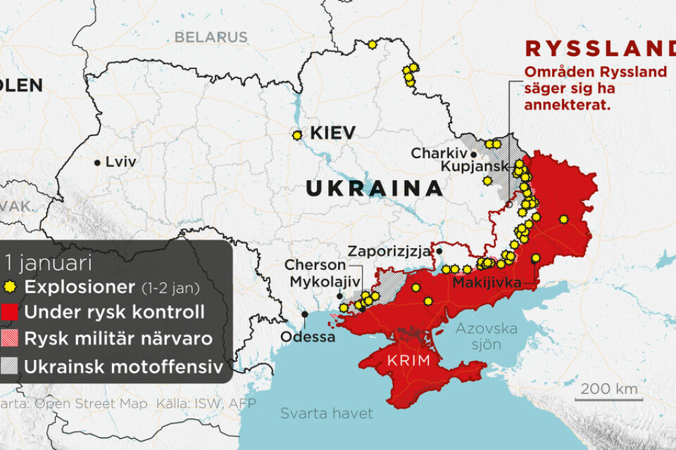 Områden under rysk kontroll, områden med rysk militär närvaro, ukrainska motoffensiver, annekterade områden samt explosioner det senaste dygnet.