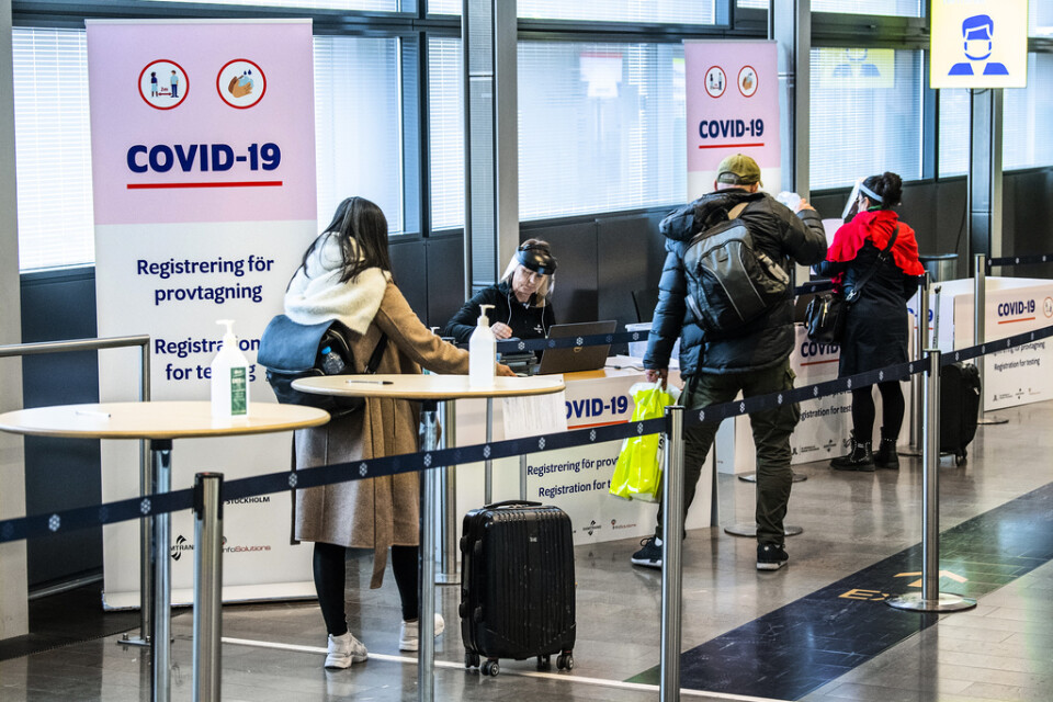 Provtagningsstation för covid-19 på Arlanda flygplats för ankommande med utrikesflyg. Arkivbild.