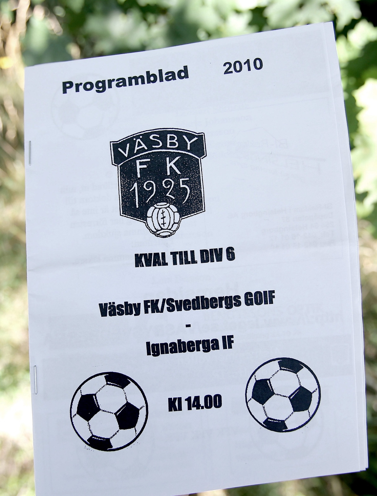 Programbladet till kvalsegern mot Väsby/Svedberg 2010. Foto: Stefan Sandström