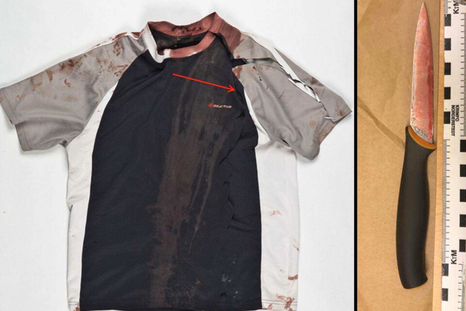 Bilden visar den tröja som offret hade på sig vid mordförsöket samt den kniv som användes för att hugga honom i halsen.
