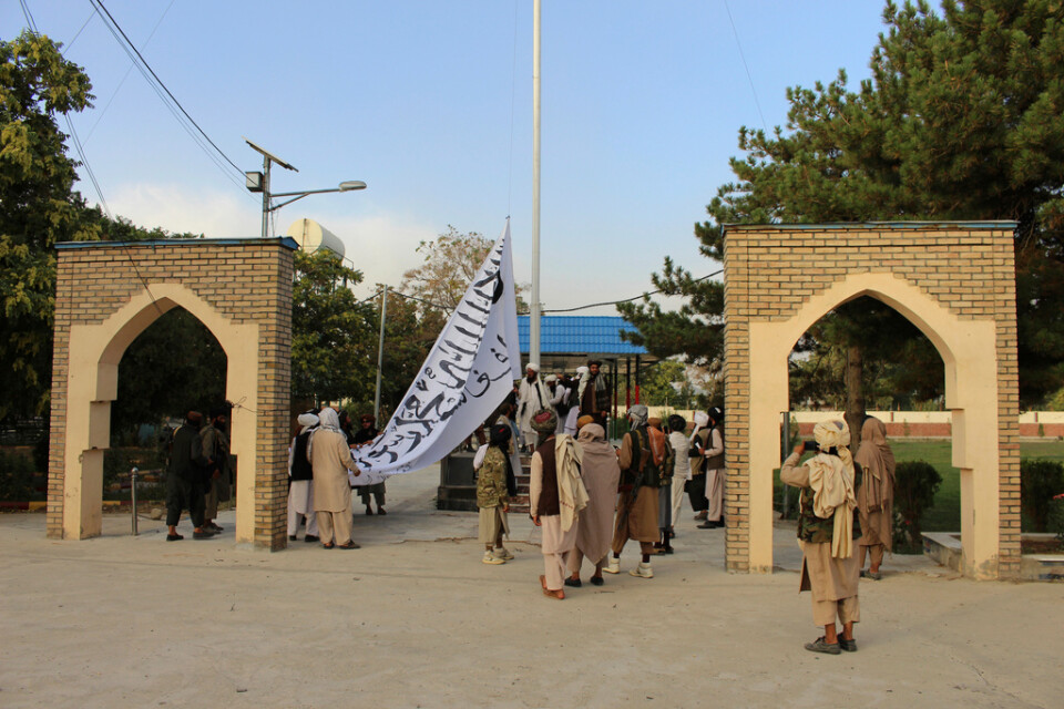 Talibaner hissar sin flagga i staden Ghazni på söndagen. Arkivbild.