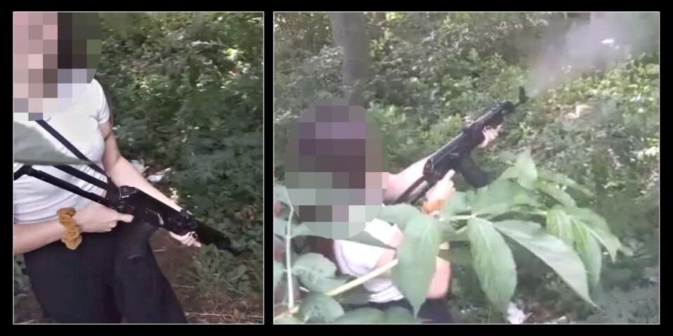 På filmen syns hur kvinnan får hjälp att ladda vapnet och hur hon sedan avfyrar det rakt ut i naturen. Bild: Polisens förundersökning.