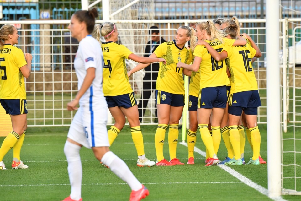 Svenskt jubel efter 1–0-målet borta mot Slovakien.