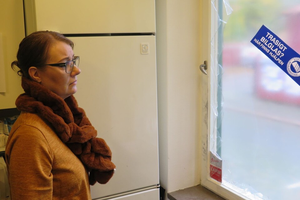 Anna Olofsson, ägare av Bogarts klädbutik, vid fönstret där tjuvarna tog sig in natten till fredagen.