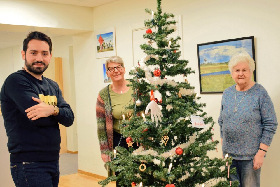"شجرة عيد الميلاد خضراء جدا ورائعة ". على الرغم من أنه لن يكون هناك رقص حول الشجرة هذا العام. Sofyan Aswad, Inga-Lill Bengtsson و Moira Uggla يرسلون اليكم اطيب التحيات الصادقة - عيد ميلاد مجيد وعام جديد سعيد.