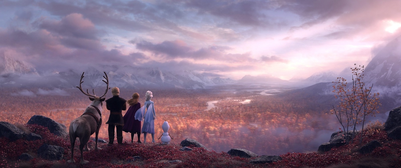 Renen Sven, Kristof, Anna, Elsa och snögubben Olaf blickar ut över Arendelle. En bild ur kommande Disney-filmen ”Frost 2”. Foto: Disney/AP/TT