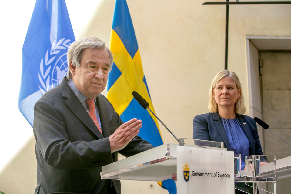 FN:s generalsekreterare António Guterres under en gemensam pressträff med statsminister Magdalena Andersson (S) i Stockholm.