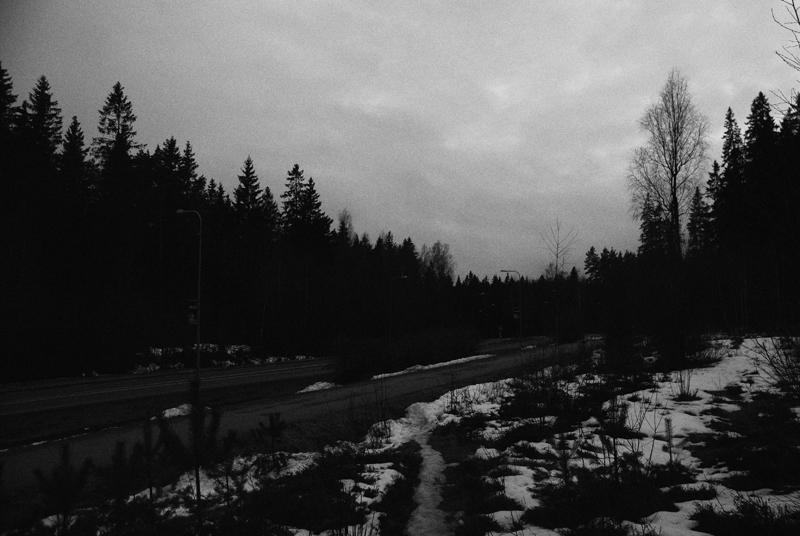 Snön försvinner. Gick in på en stig på Hestra, fota vägen och träden. Foto: Emil Kettil