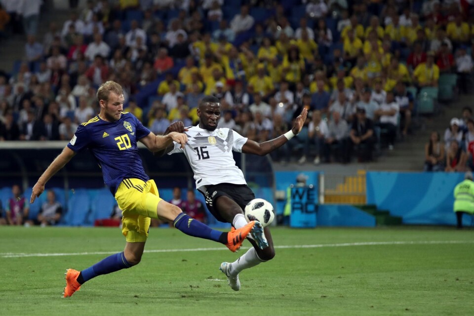 Sweden's Ola Toivonen, left, scores his side's opening goal during the group F match between Germany and Sweden at the 2018 soccer World Cup in the Fisht Stadium in Sochi, Russia, Saturday, June 23, 2018. (AP Photo/Thanassis Stavrakis)
