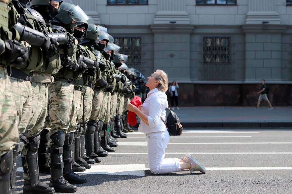 Sista söndagen i augusti i Minsk. En kvinna protesterar mot diktatorn Alexandr Lukasjenko genom att falla på knä framför kravallpolisen.