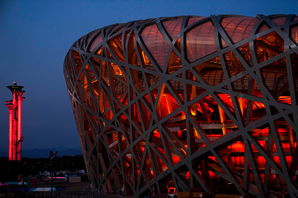 Nationalstadion i Peking, även kallad Fågelboet, där OS-invigningen hålls.