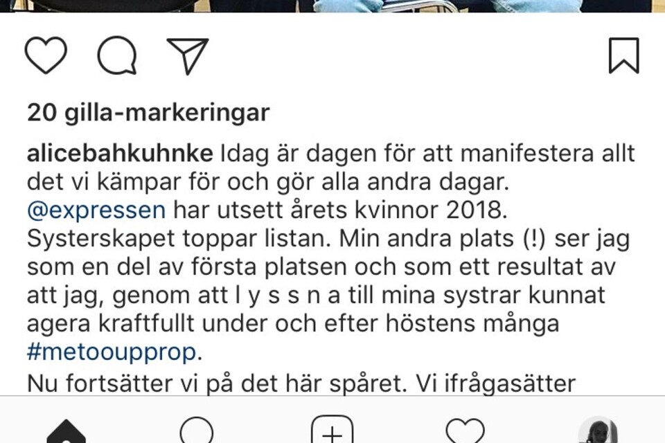 Så här formulerade sig kulturminister Alice Bah Kuhnke på Instagram på torsdagen. Notera hur ministern särskriver ”andraplatsen” och ”förstaplatsen”.