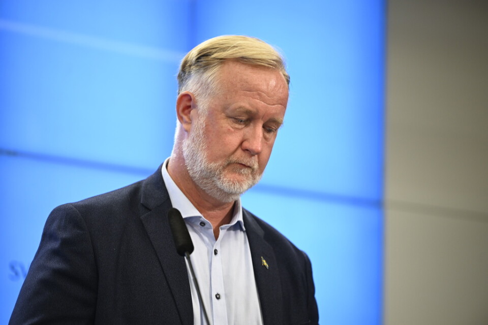 Liberalernas partiledare Johan Pehrson (L) vid en pressträff. Arkivbild.