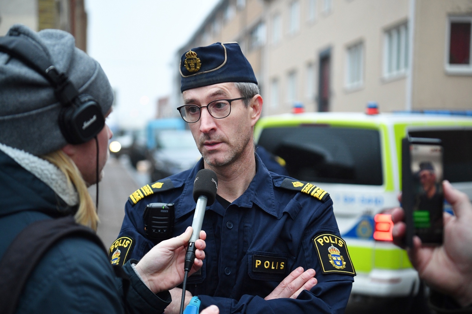 Pär Cederholm, lokalpolisområdeschef i Hässleholm, håller pressträff om explosionen på Hässleholms Tekniska skola.
Foto: Johan Nilsson / TT