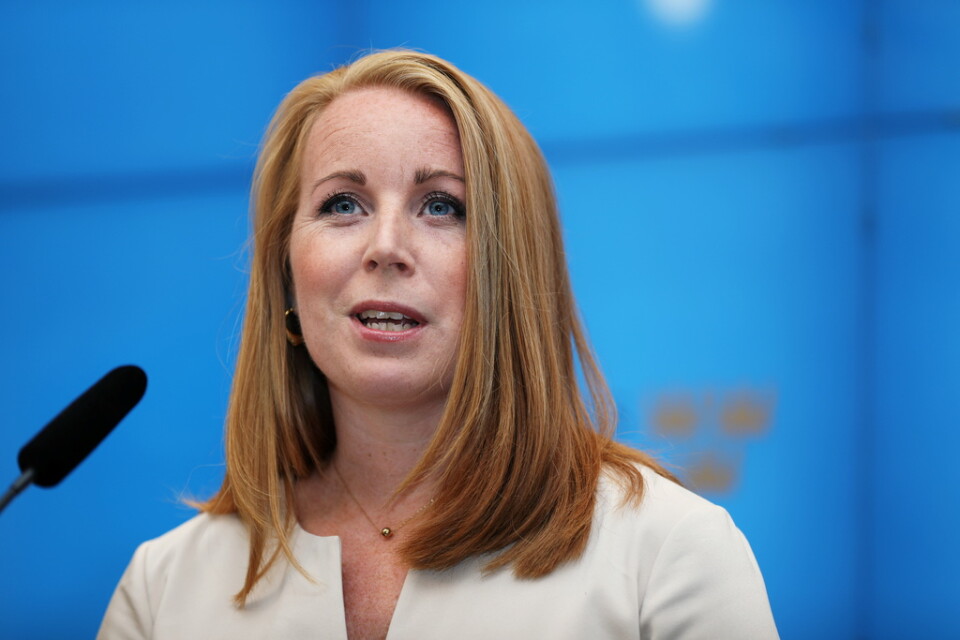 Centerpartiledaren Annie Lööf presenterar energiförslag vid en pressträff i riksdagen.
