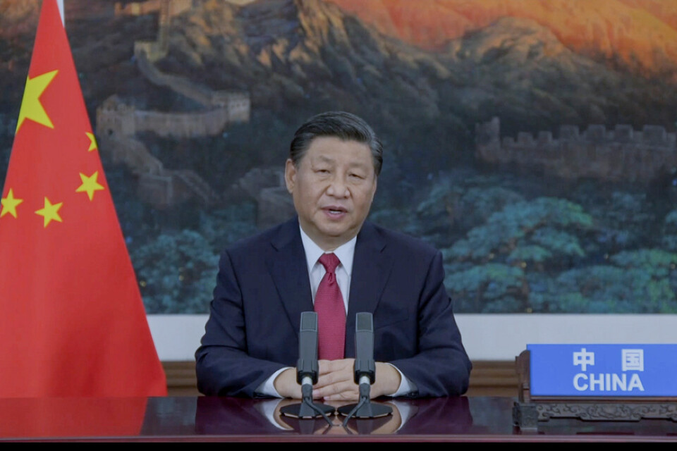 Kinas president Xi Jinping i ett videotal.