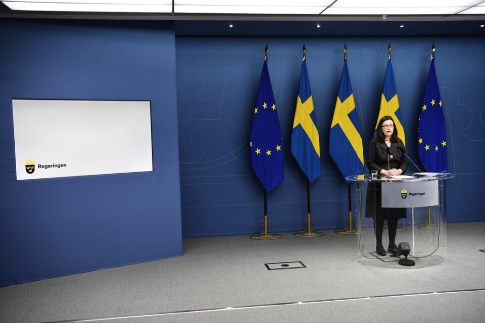 Dåvarande utbildningsminister Anna Ekström (S) vid en digital pressträff om rekommendation för barn och elever i för- och grundskolan i december 2020.