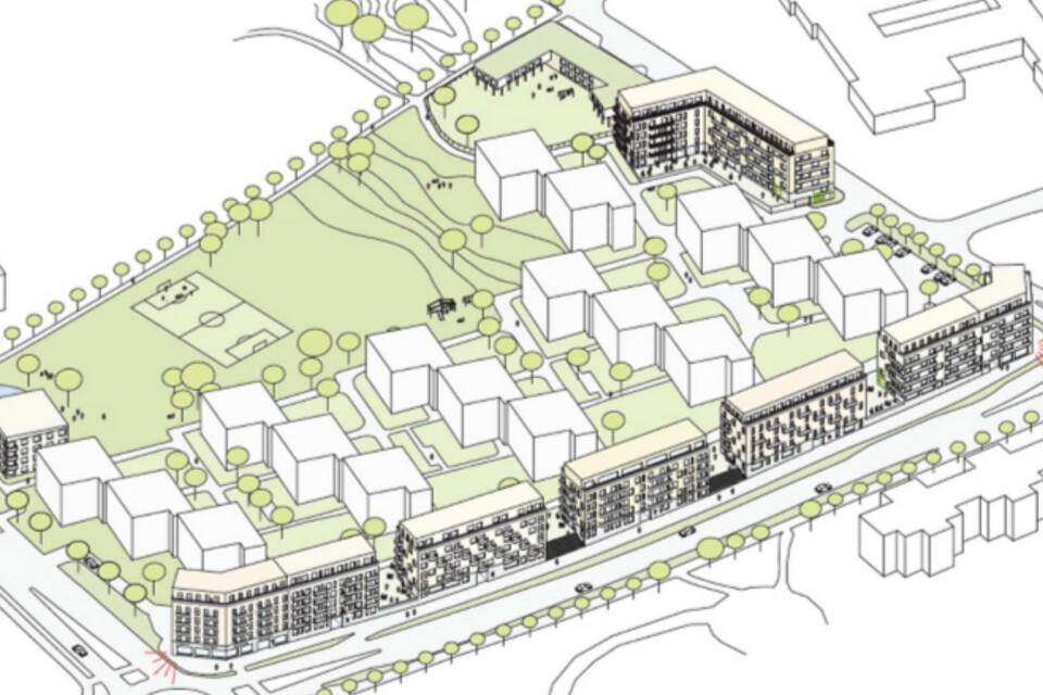 Detaljplanen för Hov Dalbogård tillåter att sexvåningshus byggs utmed Mörners väg och Kungsvägen. Illustration: Från Växjö kommuns detaljplan