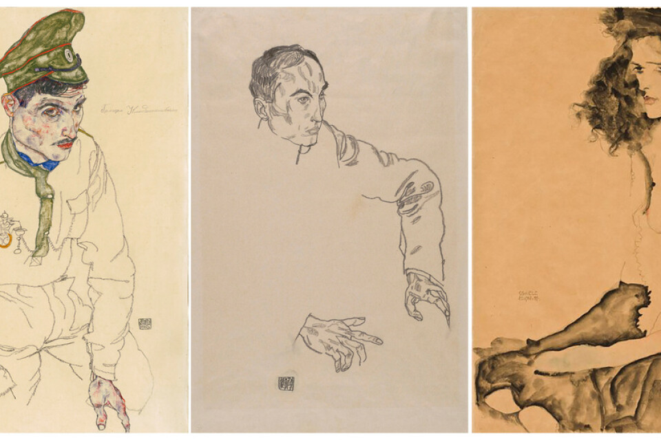 De tre skisserna av Egon Schiele är daterade 1916, 1917 och 1911.