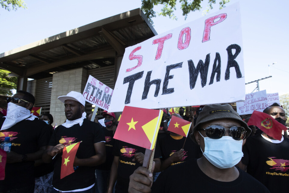 Tigreaner i Pretoria i Sydafrika protesterar mot kriget i Tigray.