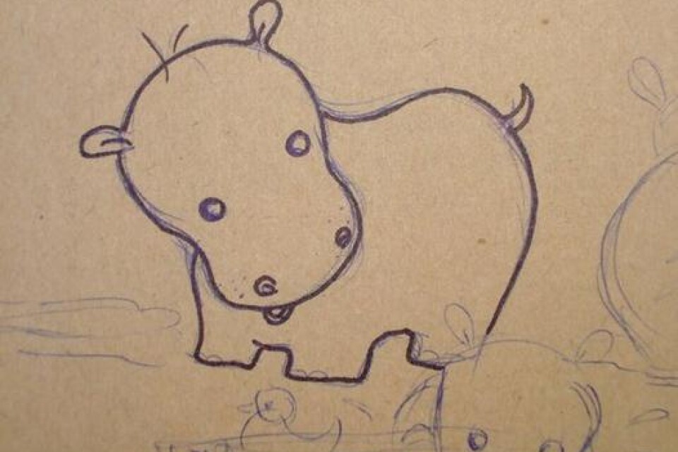 Originalet! Folke flodhäst föddes ur Jenny Holmlunds penna när hon satt och slöskissade på baksidan av ett kollegieblock. Och han var ju såå söt.