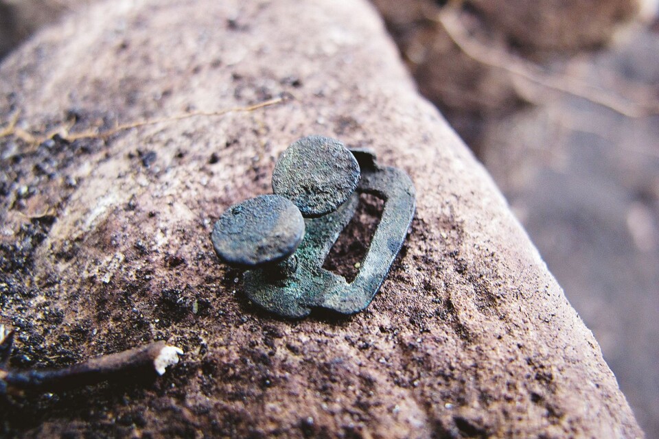 Det enda bronsföremålet som hittades, en så kallad agraffknapp som kan liknas vid en manschettknapp. Denna typ av agraffknapp är typisk för folkvandringstid och sent 400-tal/början av 500-talet.