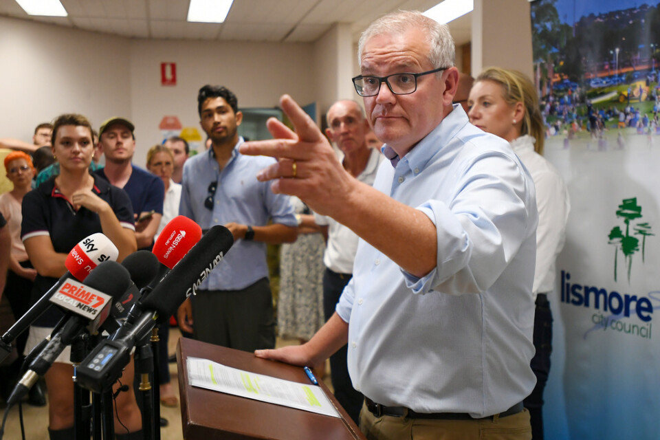Australiens premiärminister Scott Morrison under sitt besök i Lismore.