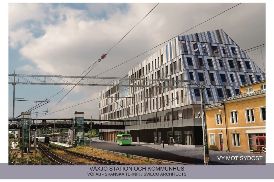 Bilden visar senaste offentliga förslaget på Växjös nya kommunhus. Ulf Rosén är inte nöjd med förändringen av fasaden.