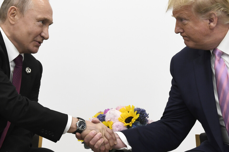 Rysslands president Vladimir Putin skakar hand med USA:s dito Donald Trump under ett möte i juni 2019.