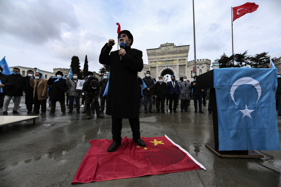 Hundratals uigurer som bor i Turkiet protesterade när Kinas utrikesminister Wang Yi besökte Istanbul den 25 mars. Bara tre dagar tidigare hade EU beslutat om sanktioner mot fyra kinesiska medborgare kopplade till övergreppen mot uigurer i Xinjiang-provinsen. Arkivbild.