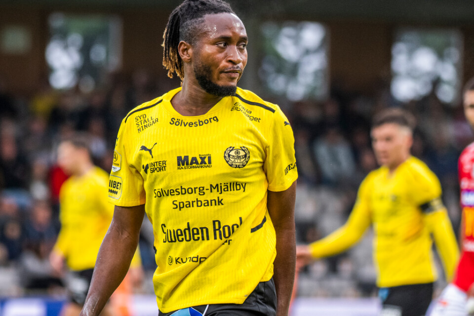 Mamudo Moro, en av målskyttarna när Mjällby vände 0–2 till 3–2 och tog sig vidare till kvartsfinal i svenska cupen. Arkivbild.