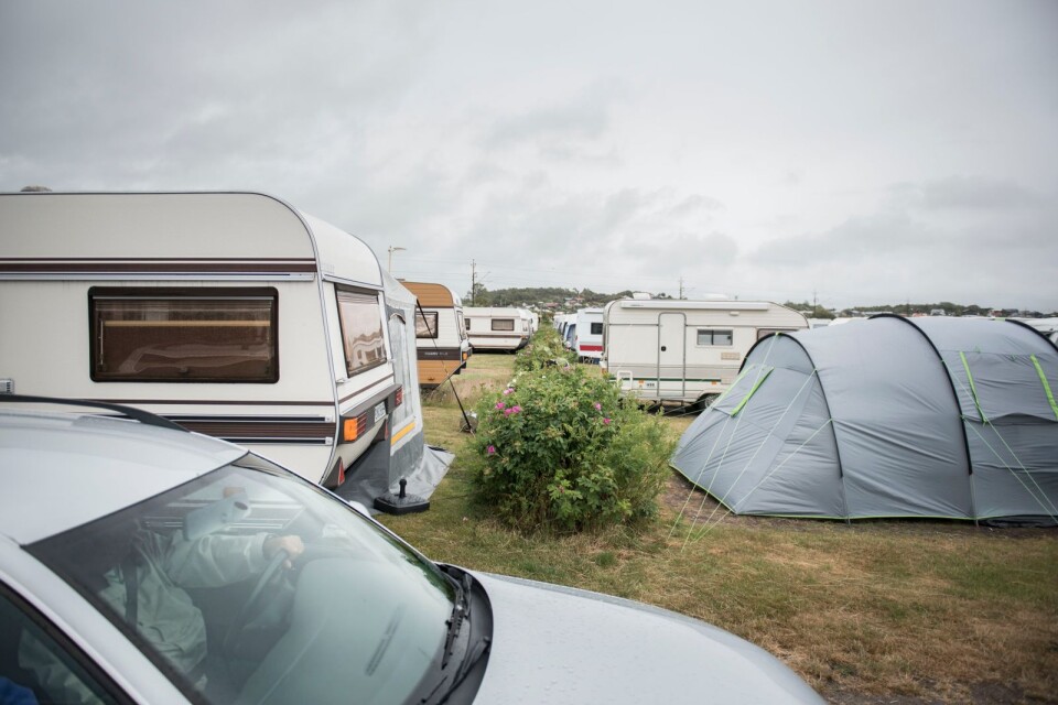 Husvagnar, husbilar och tält står i långa rader på Apelvikens camping i Varberg.