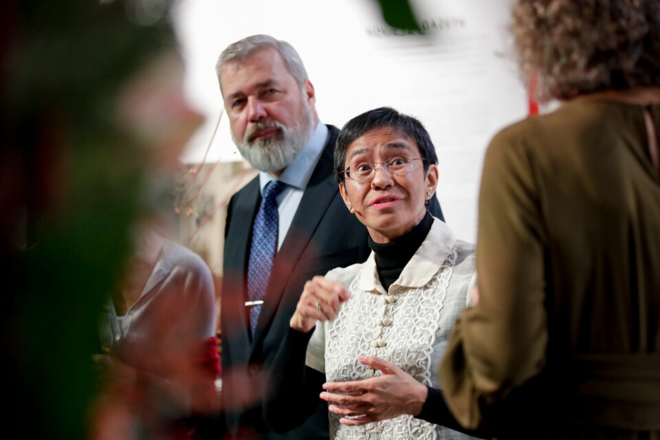 År 2021 delades Nobels fredspris av ryske Dmitrij Muratov och filippinska Maria Ressa, som hedrades för sin kamp för yttrande- och pressfrihet. Arkivbild.