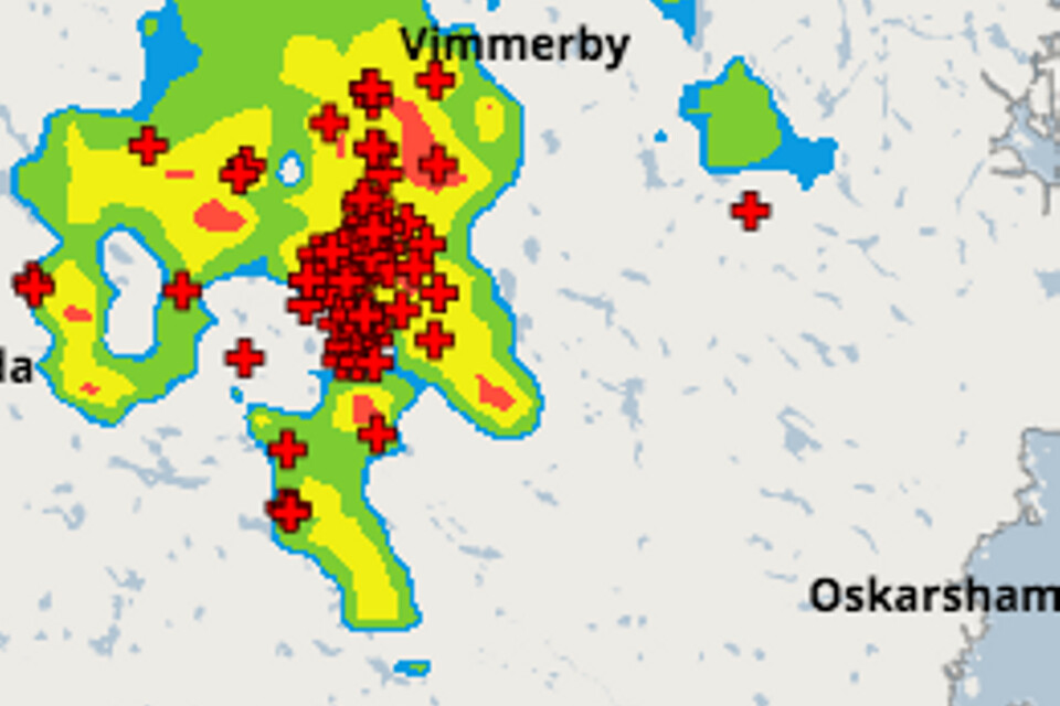 SMHI:s blixtkarta visar flera nedslag i Virserumsområdet klockan 15.