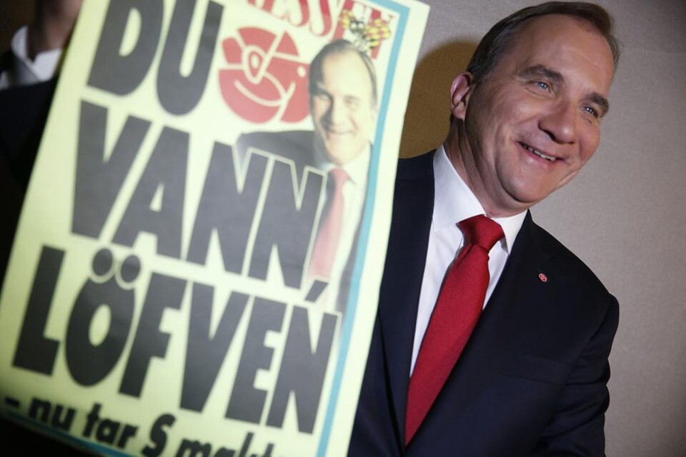 Glad Stefan Löfven på Socialdemokraternas valvaka 2014. Är han lika glad på valvakan den 9 september i år? Foto: Fredrik Persson / TT
