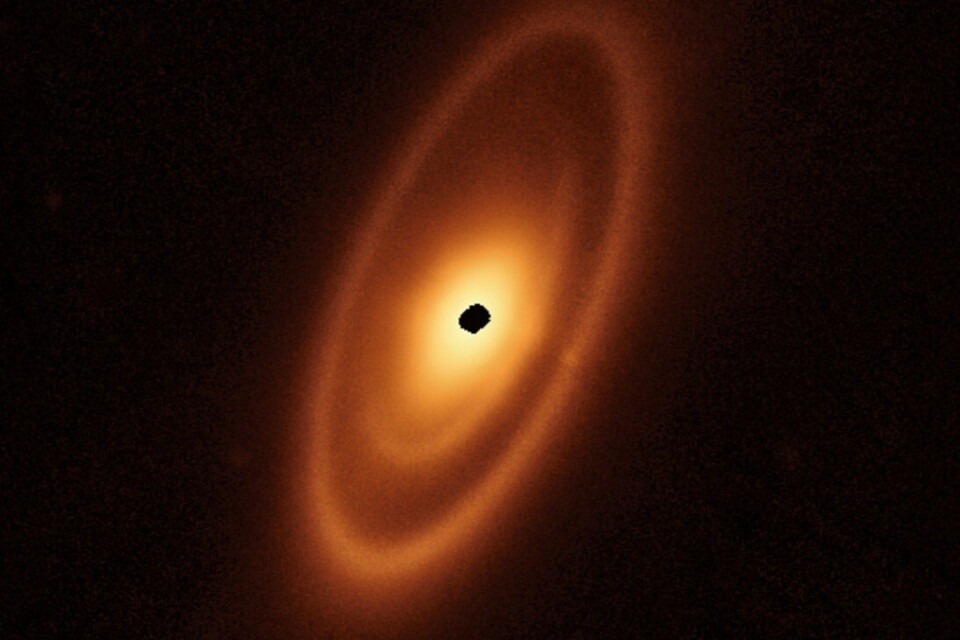 Skivan runt stjärnan Fomalhaut, cirka 25 ljusår från solen, består av tre asteroidringar med mellanrum som kan rymma planeter. Bilden är skapad med data från James Webb-teleskopet. Fläcken i mitten innebär avsaknad av data.