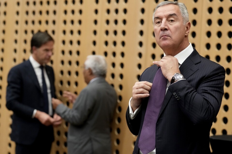 Montenegros president Milo Djukanovic rättar till slipsen inför toppmötet i Slovenien. I bakgrunden syns Nederländernas premiärminister Mark Rutte i samspråk med portugisiske kollegan António Costa.