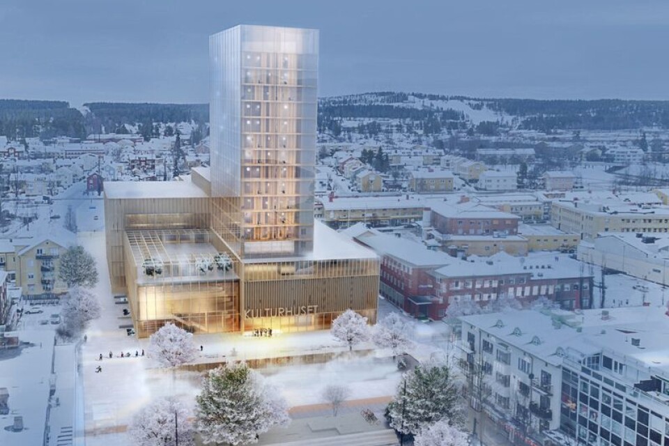 Arkitektbild på kulturhuset i Skellefteå – ett 18-vångingsbygge i trä. Något för Ystad?